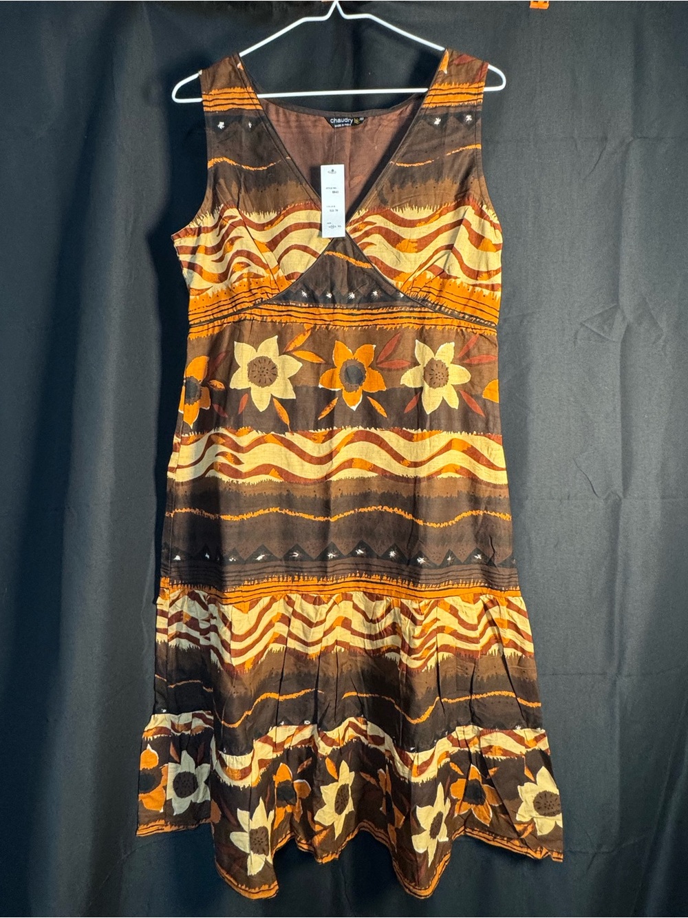 Sleeveless V-Neck Midi Dress in Brown and Orange by Chaudry